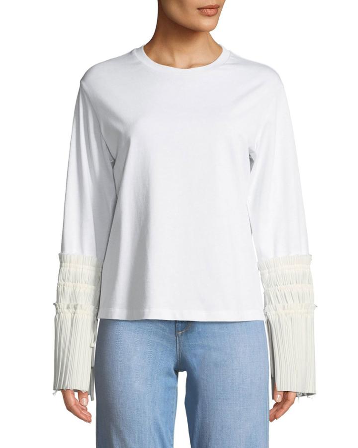 Long-sleeve Crewneck Top With Pleated Cuffs