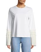 Long-sleeve Crewneck Top With Pleated Cuffs