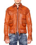 Fringe-trim Leather Jacket, Brown
