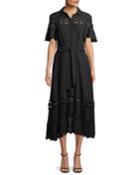Flutter-sleeve Textured Silk Cloque Shirtdress With