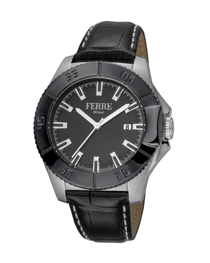 Men's 45mm Stainless Steel Date 3-hand Diver Watch With Leather Strap, Black/steel