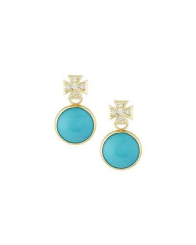 Maltese Cross & Turquoise Dangle & Drop Earrings, Gold