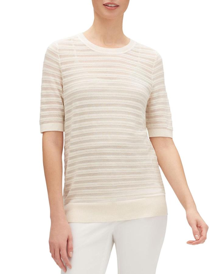 Striped Crewneck Elbow-sleeve Semisheer Dolman