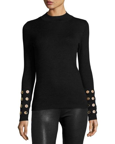 Grommet-embellished Long-sleeve Top, Black