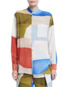 Button-front Long-sleeve Patchwork-print