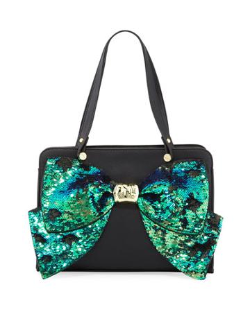 Bow Regard Sequin Satchel Bag, Black
