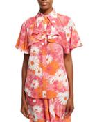 Daisy-print Draped Silk Blouse, Pink