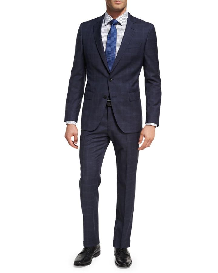 Windowpane Plaid Wool Two-piece Suit, Denim Blue