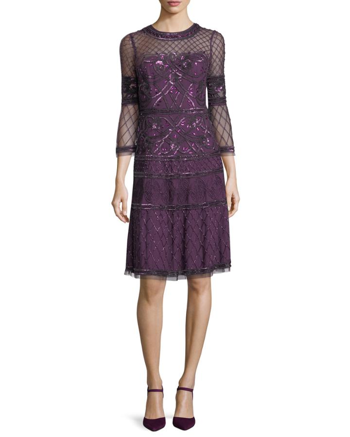 Embroidered Sheer Bell-sleeve Cocktail Dress