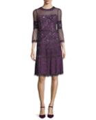 Embroidered Sheer Bell-sleeve Cocktail Dress