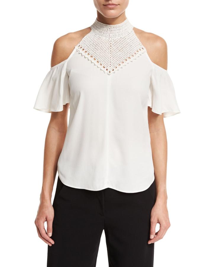 Rora Cold-shoulder Chiffon Top, White/gold