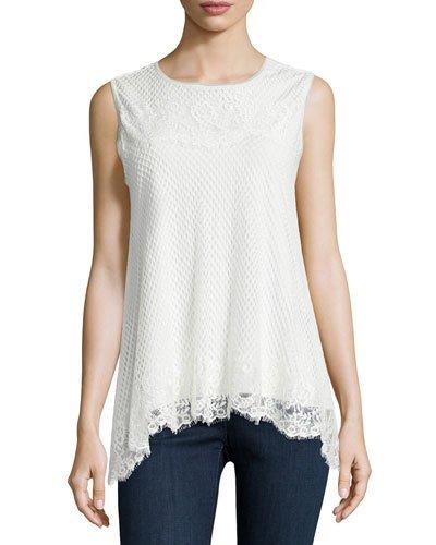 Sleeveless Lace-trim Blouse, Ivory