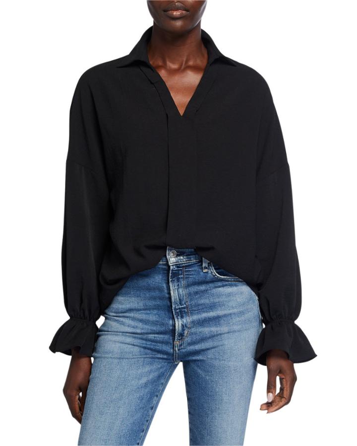 Johnny-collar Long-sleeve Top