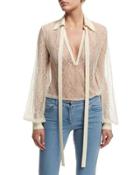 Long-sleeve Self-tie Sheer Lace Blouse, White