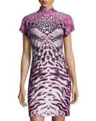 Tigress Print Mock-neck Dress, Pink