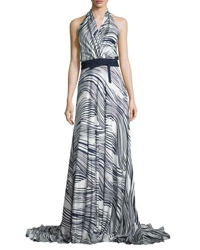 Gwen Striped Silk Halter Dress, Open Blue