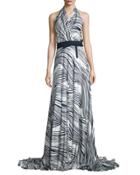 Gwen Striped Silk Halter Dress, Open Blue