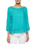 Embroidery-trim Crepe Blouse, Azure