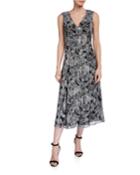 V-neck Sleeveless Floral Embroidered Midi Cocktail Dress