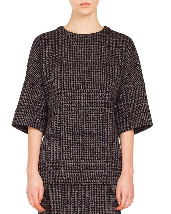 Round-neck Elbow-sleeve Metallic Houndstooth Jacquard
