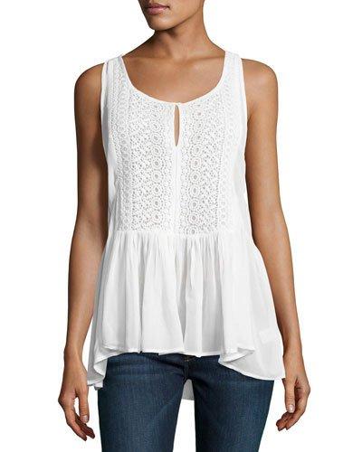 Chiffon Crochet-front Ruffled Top, Ivory