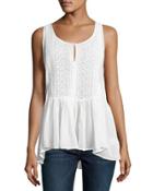 Chiffon Crochet-front Ruffled Top, Ivory