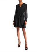 Dotted Tassel-tie Long-sleeve Pleated Dress With Belt