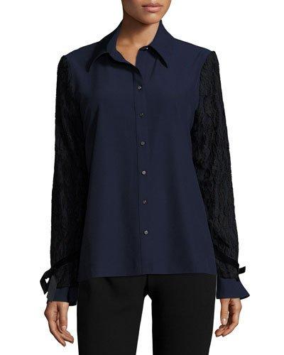 Lace-overlay Sleeve Button-front Top, Navy