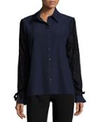 Lace-overlay Sleeve Button-front Top, Navy