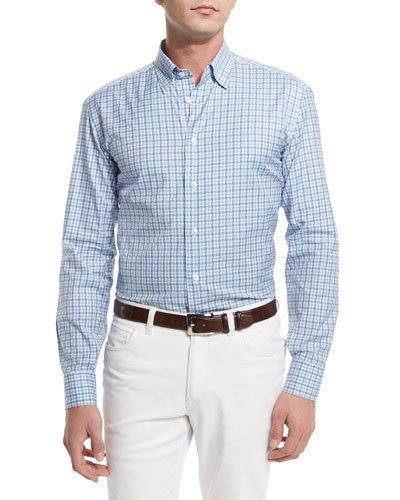 Geo-check Long-sleeve Sport Shirt, Light Blue/gray