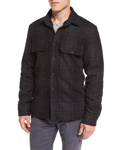 Plaid Wool-blend Military Shirt Jacket, Black/gray