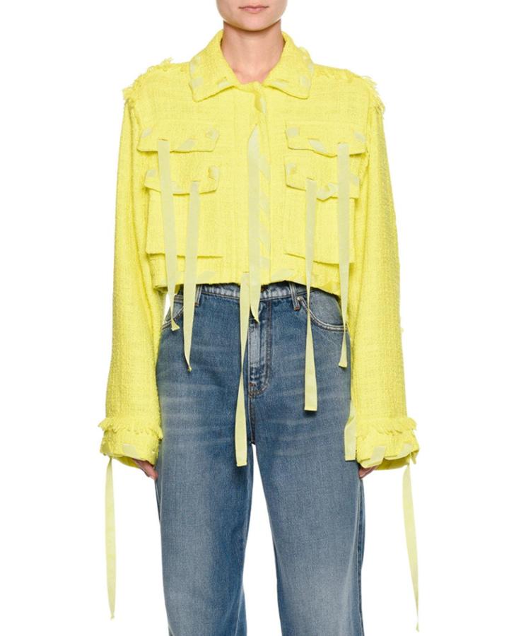 Cropped Boucle Jacket W/ Ribbon Trim