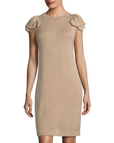 Ruffled-sleeve Silk-blend Dress,