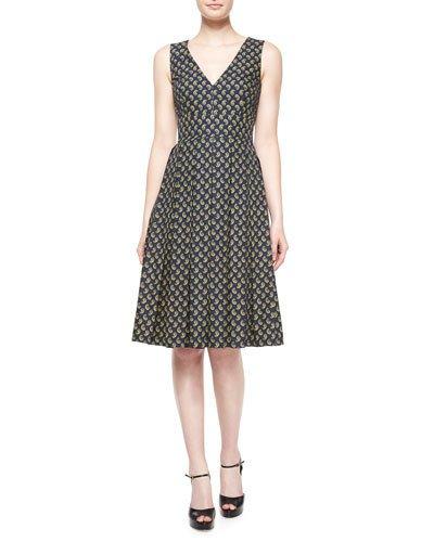 Sleeveless Paisley Fit-&-flare Dress, Navy/peridot/multi