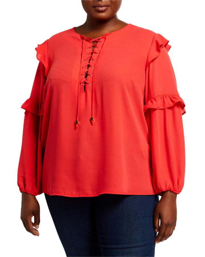 Plus Size Long-sleeve Lace-up Ruffle-trim Peasant Blouse