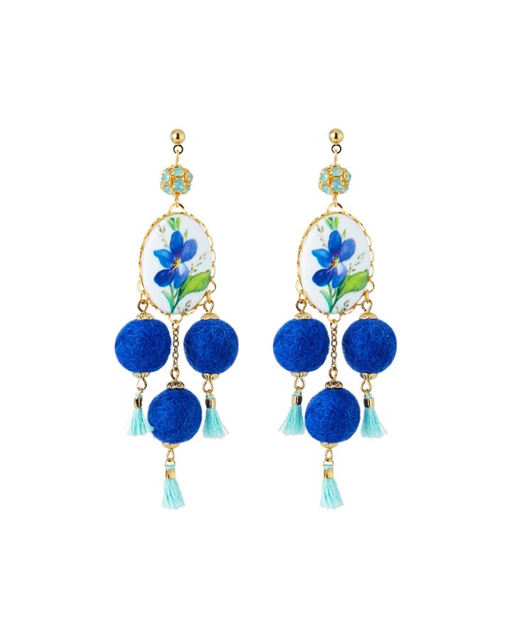Blue Pompom Dangle Earrings