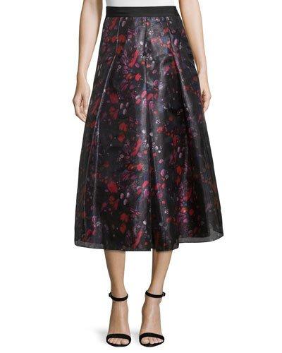 Abstract-print Pleated Midi Skirt, Cayenne Red