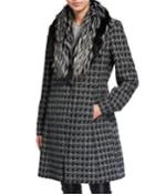 Houndstooth Reefer Coat With Faux Fur Collar