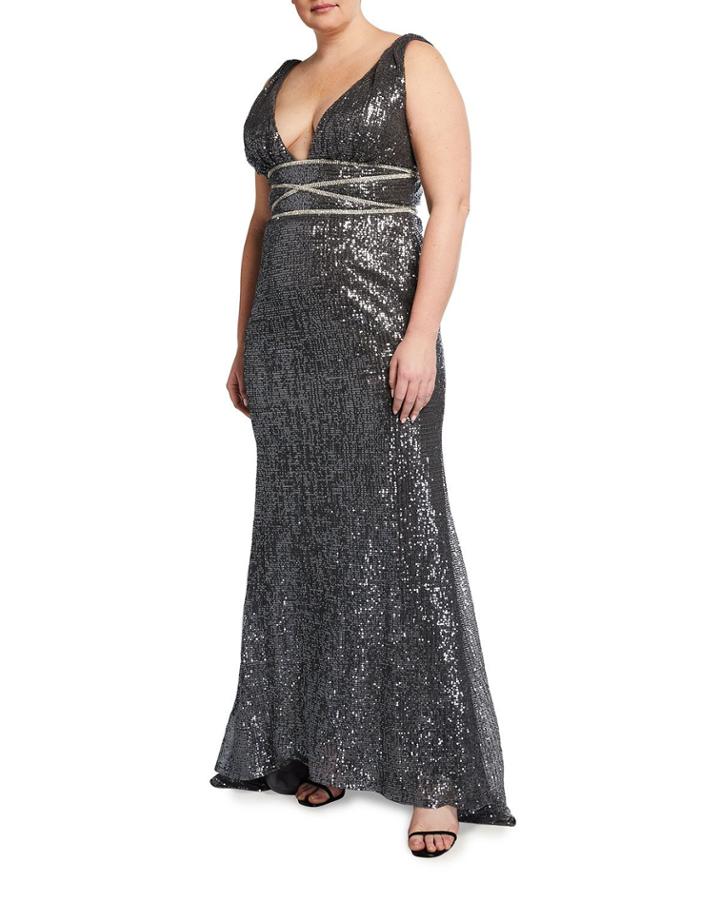 Plus Size Sequined V-neck Column Gown