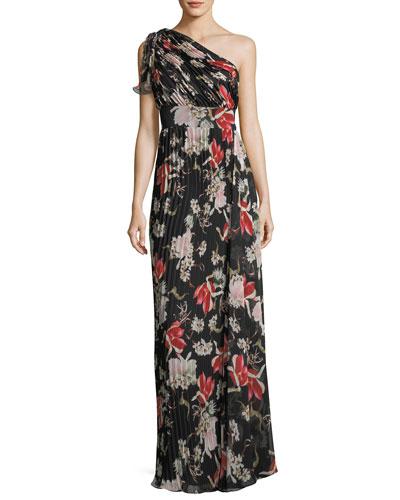 One-shoulder Pleated Chiffon Gown