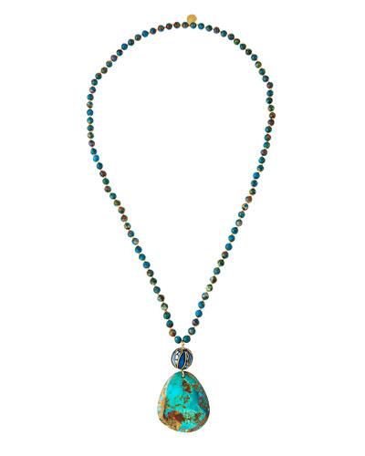 Long Compressed Turquoise Beaded Pendant Necklace