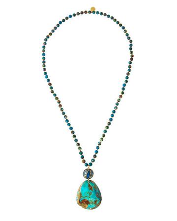 Long Compressed Turquoise Beaded Pendant Necklace