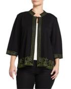 Ming Wang Plus Embroidered Knit Jacket W/ Contrast Metallic Trim, Black/lime, Women's,