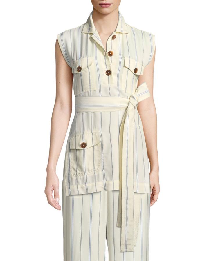 Sleeveless Belted Stripe Utility Tunic