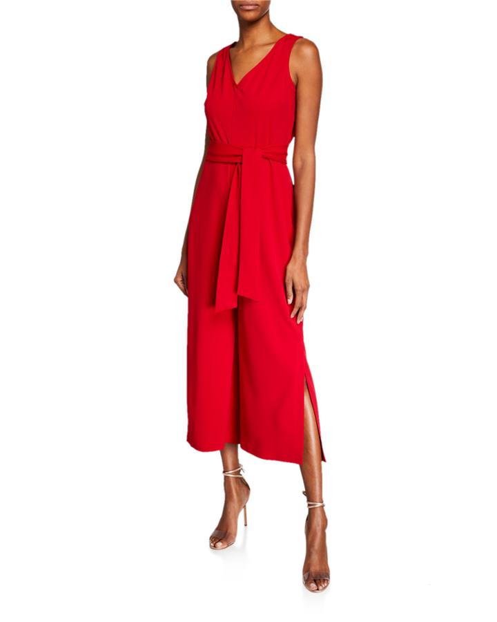 Tie-waist Split-leg Crepe Jumpsuit