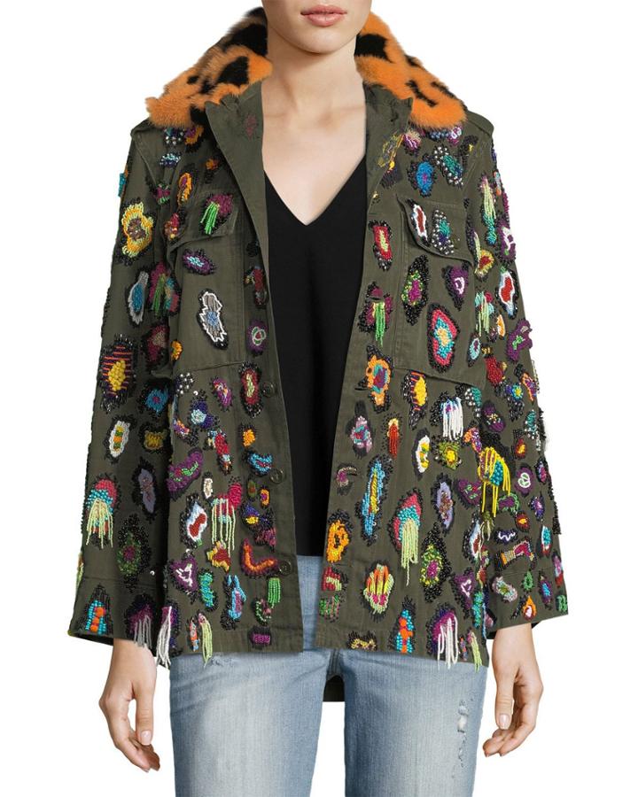 Beaded Army Jacket With Fur Collar