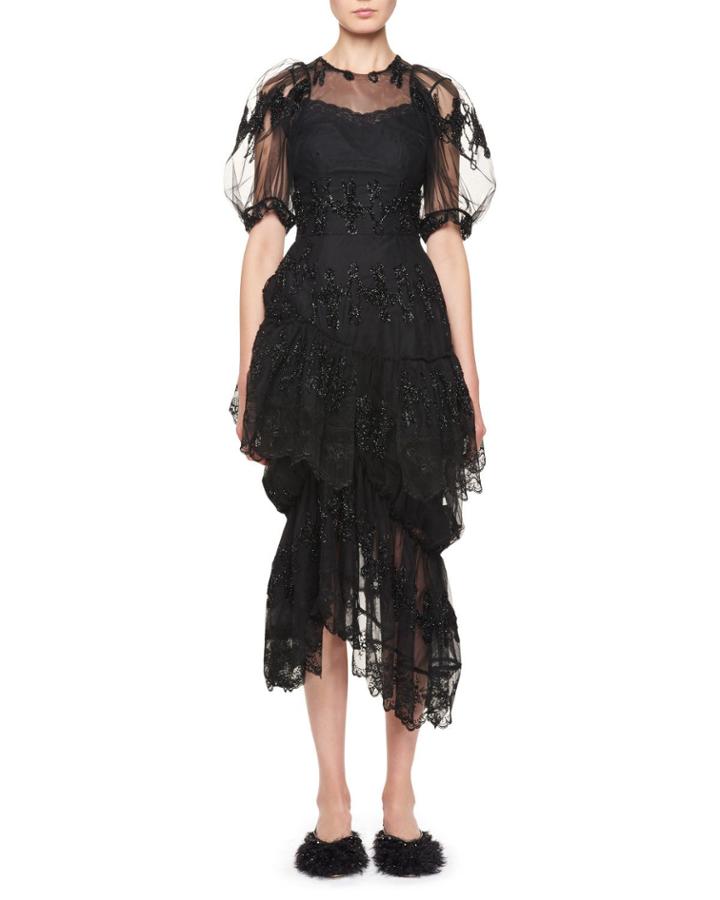 Asymmetric Ruffled Cocktail Dress With Fuzzy Doll Embroidery