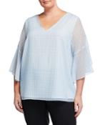 Plus Size Gingham Chiffon Flutter-sleeve Blouse