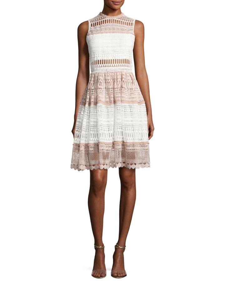 Sleeveless Fit & Flare Lace Dress, White/pink