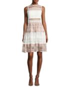 Sleeveless Fit & Flare Lace Dress, White/pink
